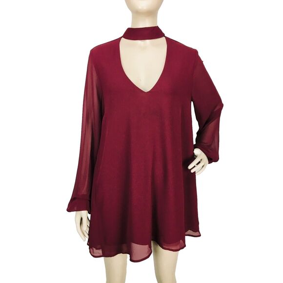 Show Me Your Mumu Josephine Burgundy Chiffon Choker Sheer Balloon Sleeve Dress - Picture 3 of 9